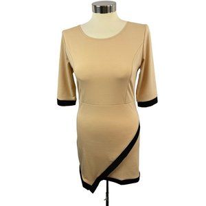 Medium Lupsona Stretch Sheath Dress 1/2 Sleeve Tan Black Trim